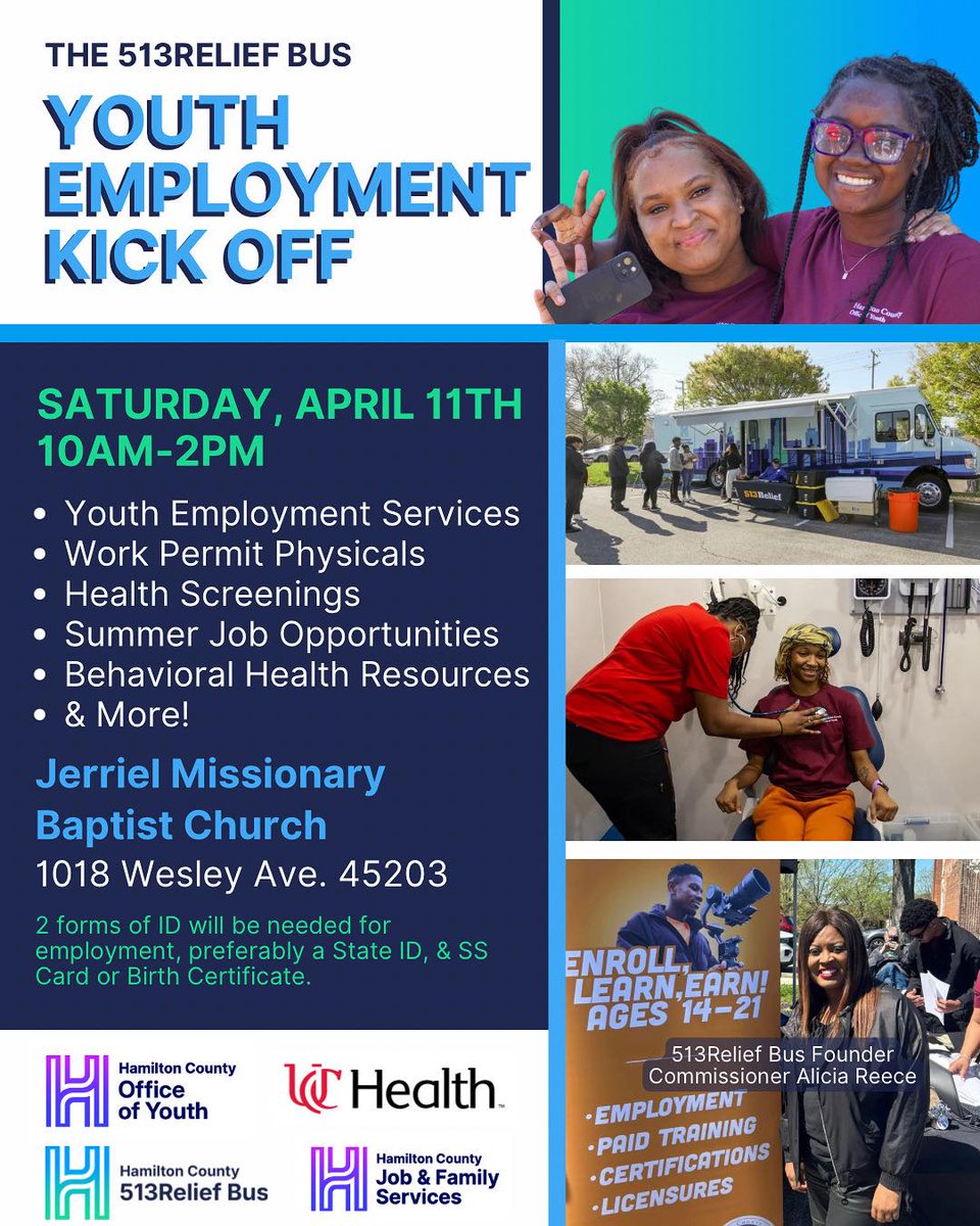 513Relief's tweet photo. We have FOUR 513Relief Bus stops this week!
📍Tuesday–Clifton
📍Wednesday–Mt. Healthy
📍Thursday–Reading
📍Saturday–Youth Employment Kickoff in the West End https://t.co/roIAFilKvp