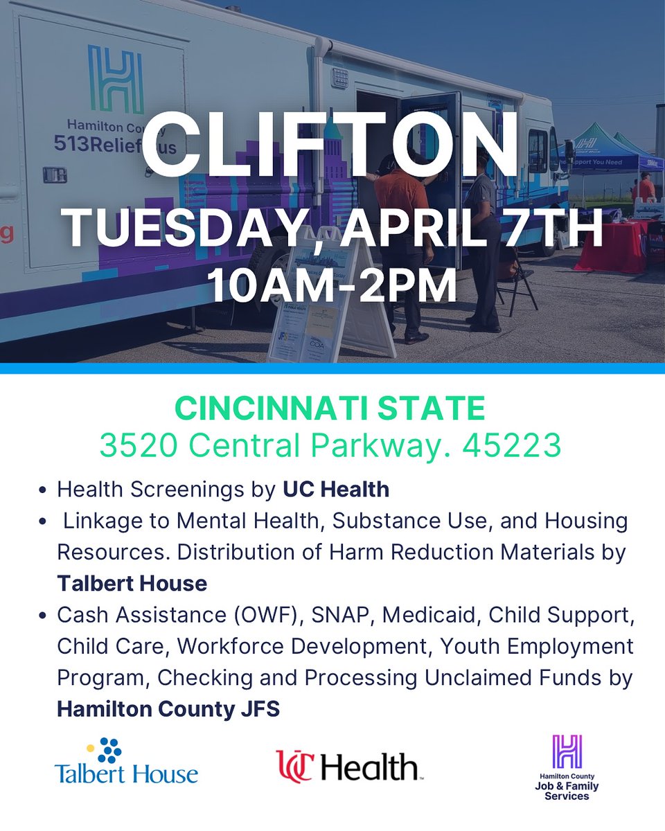 513Relief's tweet photo. We have FOUR 513Relief Bus stops this week!
📍Tuesday–Clifton
📍Wednesday–Mt. Healthy
📍Thursday–Reading
📍Saturday–Youth Employment Kickoff in the West End https://t.co/roIAFilKvp