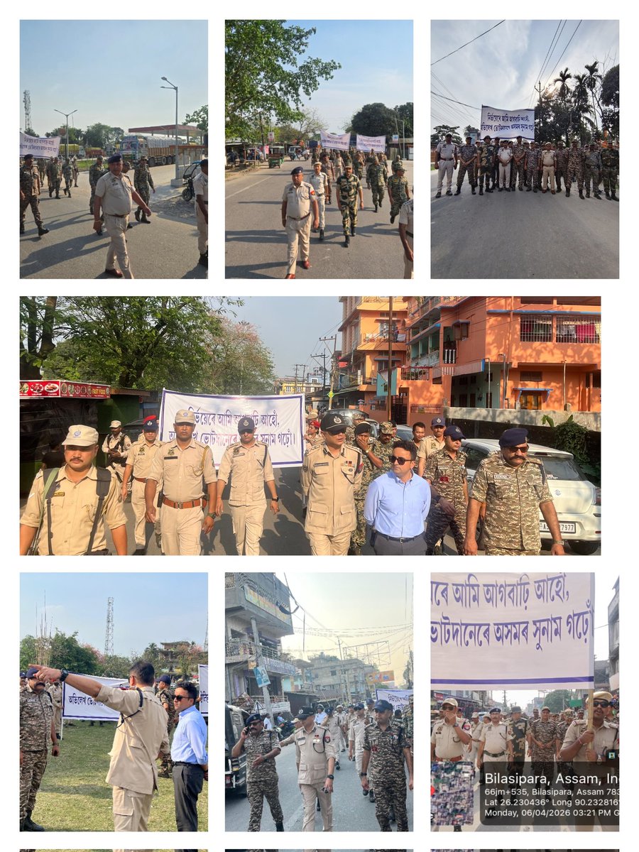 Dhubri_Police's tweet photo. Dhubri Police along with CAPF/SAP personnel conducted a Flag March across Dhubri district today in presence of DC Dhubri &amp; SSP Dhubri. Step out, vote fearlessly  we are here for your safety, security &amp; confidence
@CMOfficeAssam @ECISVEEP @assampolice @HardiSpeaks @dcofficedhubri https://t.co/1i6fCDvF24