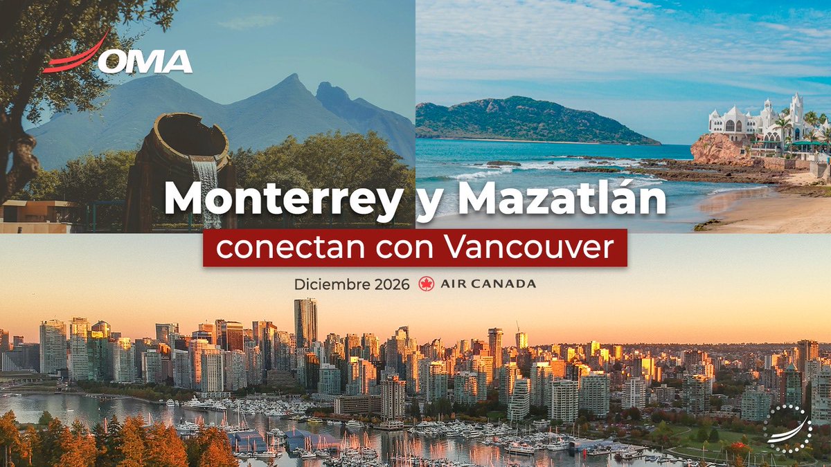 rduenas3's tweet photo. Monterrey y Mazatlán se suman a la red directa de @AirCanada hacia Vancouver en temporada invernal, fortaleciendo la conectividad entre México y Canadá. 🇨🇦

Del 3 de dic 2026 al 24 de abr 2027: tres frecuencias semanales del @AeropuertoDeMTY y dos del @AeropuertoDeMZT. ✈️ https://t.co/BzCRGq5Rpi