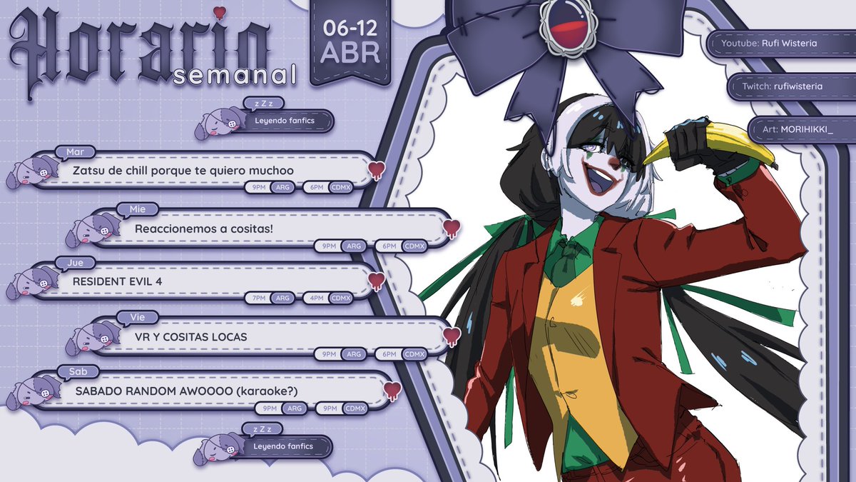 ☠️💜𝗛𝗼𝗿𝗮𝗿𝗶𝗼 𝗦𝗲𝗺𝗮𝗻𝗮𝗹 💜☠️

Esta semana va a ser mas tranquila, la anterior me dejó algo hecha polvo, pero ey! todos dias seguidos, para que no me extrañen mucho uvu 💜