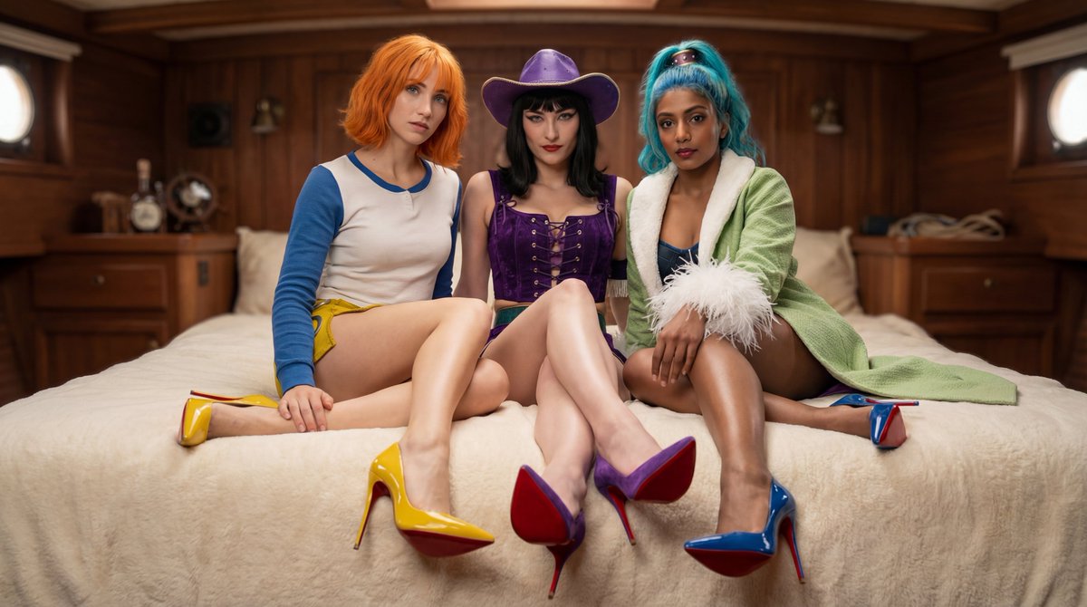 BeautyShotX's tweet photo. The hottest girls on the Grand Line 🔥🫦👠

Emily Rudd
Lera Abova
Charithra Chandran
from One Piece 🏴‍☠️

Prompt:
Emily Rudd as Nami ,Lera Abova as Nico Robin and Charithra Chandran as Nefertari Vivi, 
sexy gaze at camera, Emily wears Outfit from attached picture 1, Lera from picture 2 and Charithra from picture 3, they recreate pose from attached picture 4, they wearing Louboutin so kate high heels (Emily in yellow, Lera in purple and Charithra in blue) with red sole, 
"vibe": "Elegant, bold, seductive high-fashion magazine energy, confident editorial glamour", "lighting": "Soft even illumination with subtle shadow definition, high-key neutral palette, gentle rim light on hair and figure", "camera_settings": "50mm prime lens, f/1.8, razor-sharp detail, shallow depth of field, photorealistic 8k, magazine editorial grade with light grain, full-body shot" "environment_details": "inside the Going Merry from the Netflix series One Piece", "fidelity": "Ultra-photorealistic 8k masterpiece, lifelike skin texture and glow, lace fabric detail, hair strand realism, no cgi look