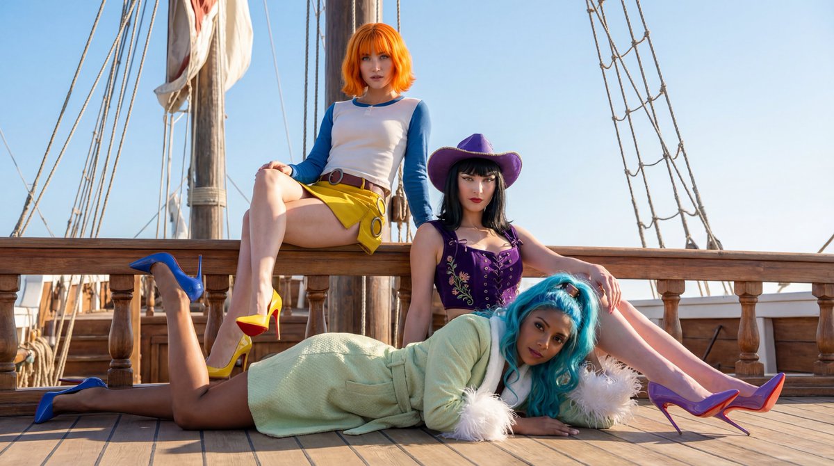BeautyShotX's tweet photo. The hottest girls on the Grand Line 🔥🫦👠

Emily Rudd
Lera Abova
Charithra Chandran
from One Piece 🏴‍☠️

Prompt:
Emily Rudd as Nami ,Lera Abova as Nico Robin and Charithra Chandran as Nefertari Vivi, 
sexy gaze at camera, Emily wears Outfit from attached picture 1, Lera from picture 2 and Charithra from picture 3, they recreate pose from attached picture 4, they wearing Louboutin so kate high heels (Emily in yellow, Lera in purple and Charithra in blue) with red sole, 
"vibe": "Elegant, bold, seductive high-fashion magazine energy, confident editorial glamour", "lighting": "Soft even illumination with subtle shadow definition, high-key neutral palette, gentle rim light on hair and figure", "camera_settings": "50mm prime lens, f/1.8, razor-sharp detail, shallow depth of field, photorealistic 8k, magazine editorial grade with light grain, full-body shot" "environment_details": "inside the Going Merry from the Netflix series One Piece", "fidelity": "Ultra-photorealistic 8k masterpiece, lifelike skin texture and glow, lace fabric detail, hair strand realism, no cgi look
