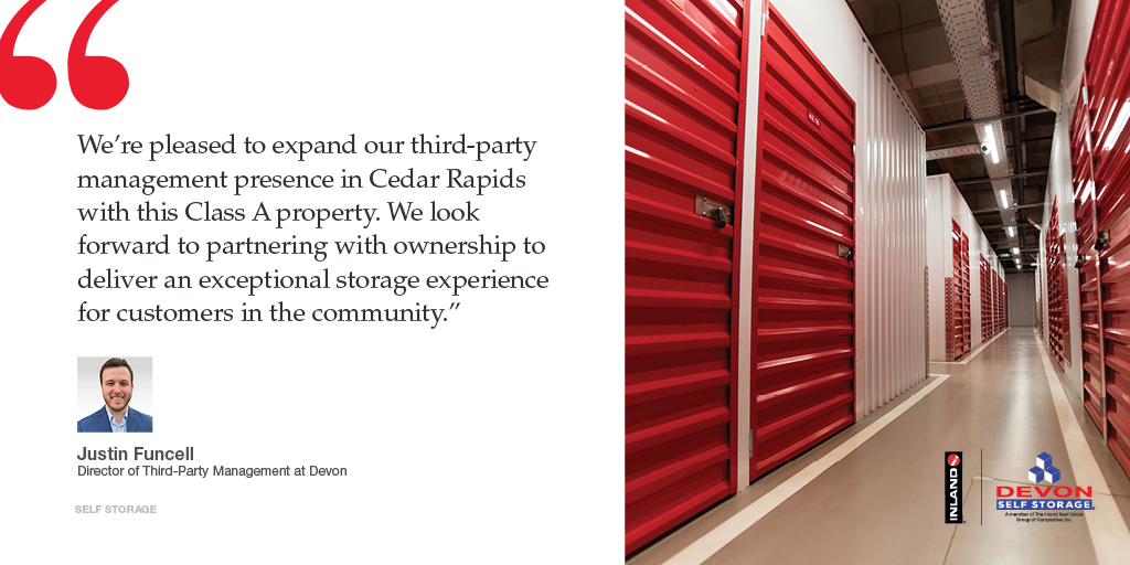 InlandGroup's tweet image. Justin Funcell, director of third‑party management at Devon, shares more about the self‑storage facility in Cedar Rapids, Iowa.

@connectCRE  has more details: lnkd.in/gaNDyZwE 
#SelfStorage #CRE #Iowa