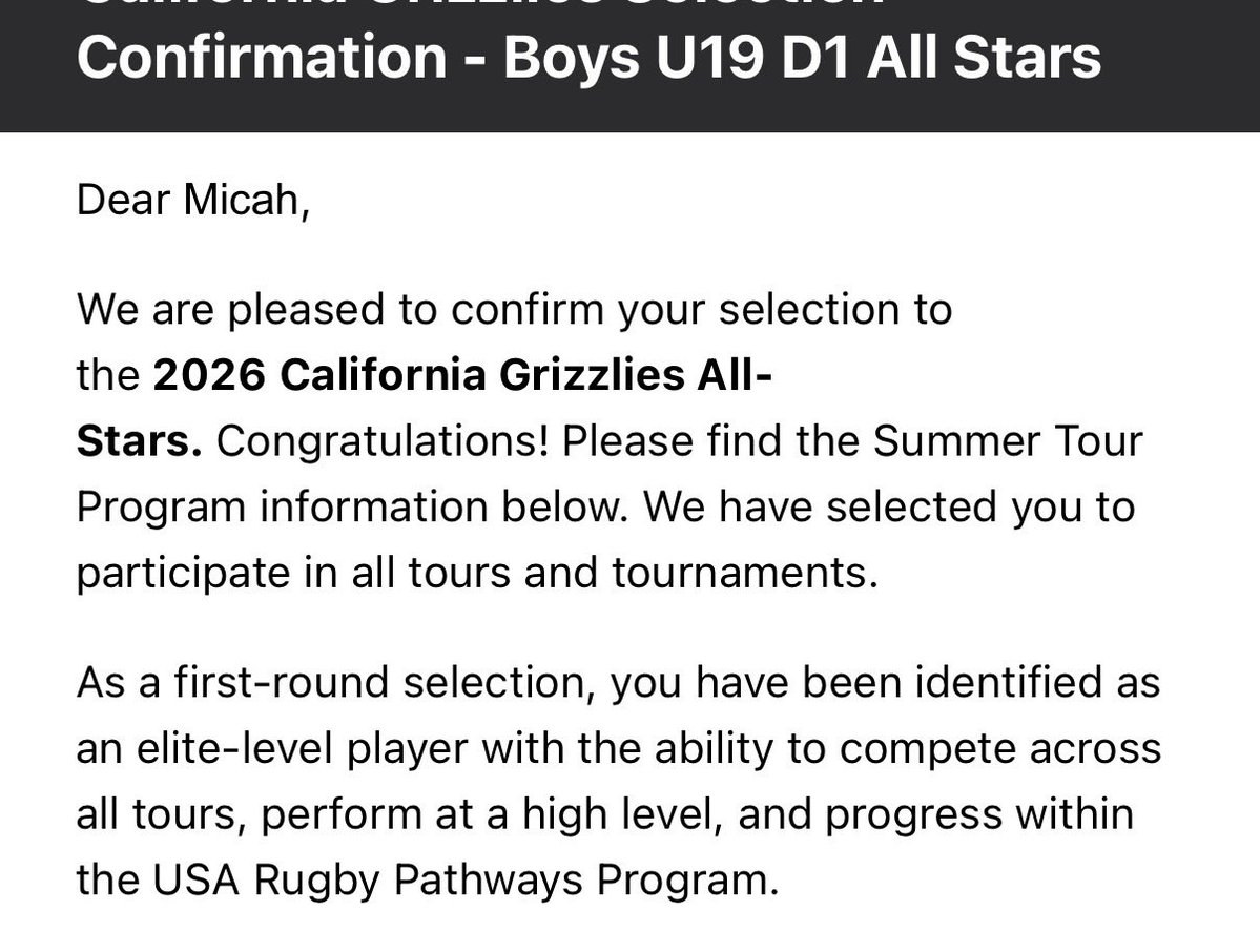 Honored to be selected for the California Grizzlies D1 U19 A Team. Grateful for the opportunity and ready to compete at the highest level this summer. Let’s work. 🏉