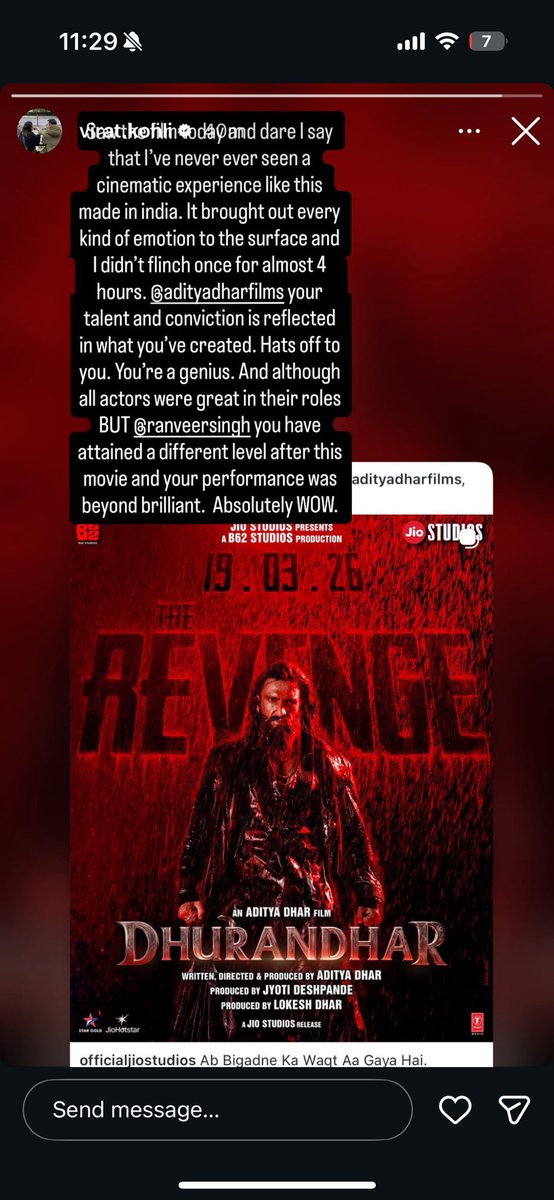 Gree_xn's tweet photo. Virat Kohli's story about #Dhurandhar2‌TheRevenge 

Don't remember the last time he had done this for a movie .. https://t.co/eSfGbbZELi