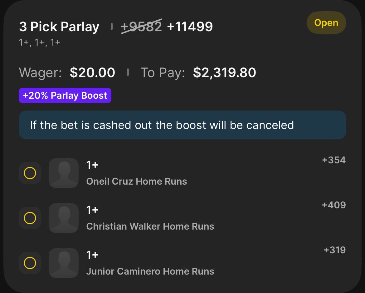 CushPlayerProps's tweet image. DO NOT tail this +11499 HR parlay it is definitely not smacking!! ☢️☢️☢️

(reverse jinx) #draftkings