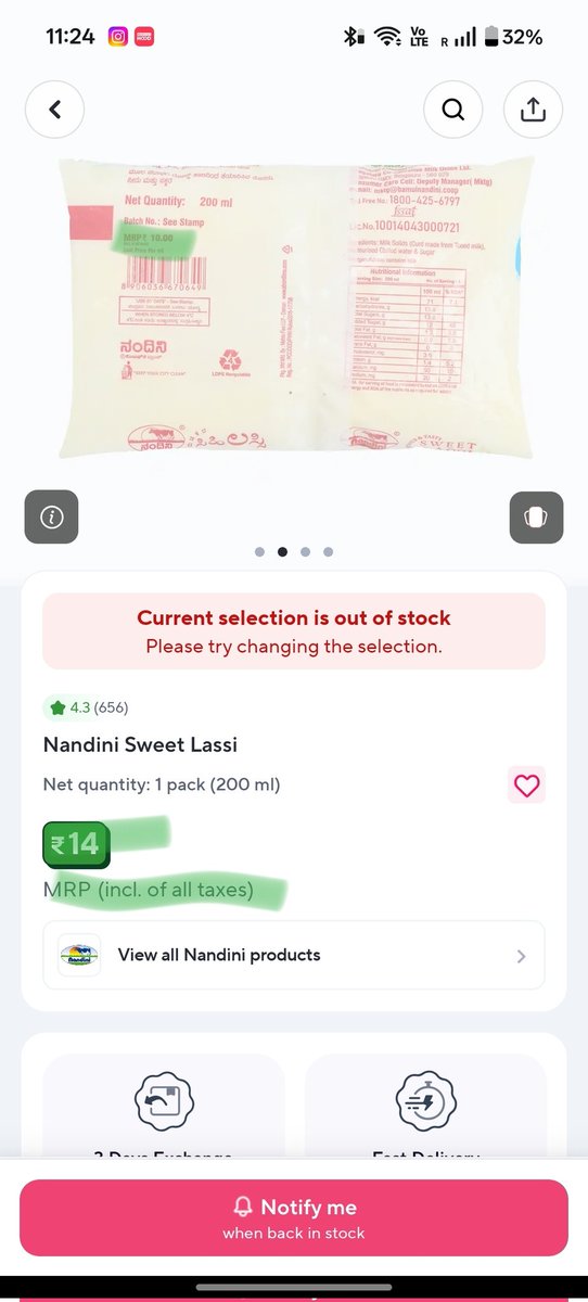 __ritik's tweet photo. Hey @ZeptoNow,
Nandini Sweet Lassi has ₹10 MRP printed on the pack, but your app shows ₹14 as MRP.
How can MRP be changed on the platform? This is misleading pricing.

Also, why is this marked as “non-food item” so Pluxee Card doesn’t work? https://t.co/hMQ6bG3BOf