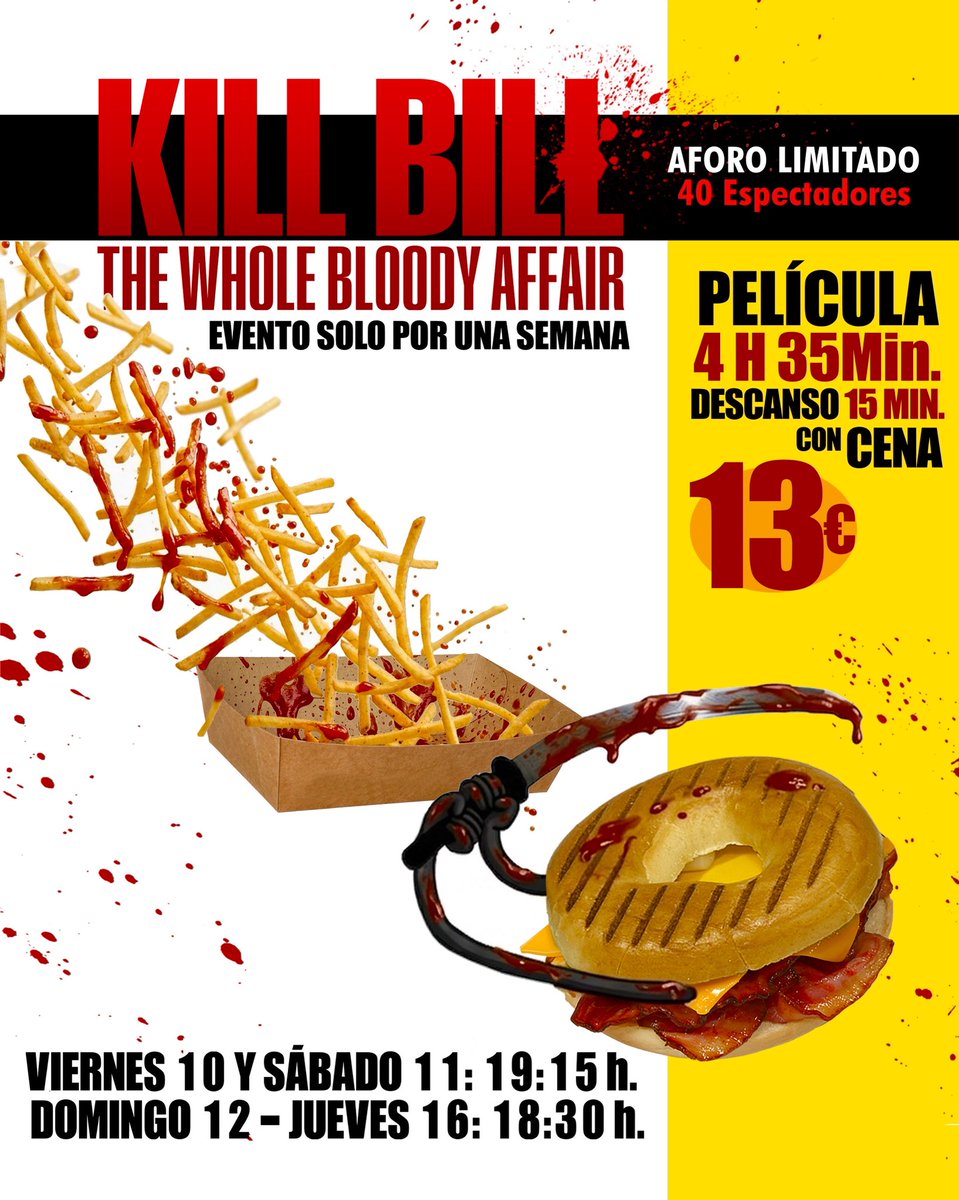🎬 Evento exclusivo (solo una semana)
⏱️ Duración: 4h 35min
🍽️ Descanso de 15 min a la mitad, con cena
🎟️🍔 Entrada + Cena: 13€
🎟️ Entrada normal: 9€
⚠️ Aforo limitado a 40 personas

📅 Fechas y horarios
▪️ Viernes 10 y sábado 11: 19:15 h
▪️ Domingo 12 y jueves 16: 18:30 h