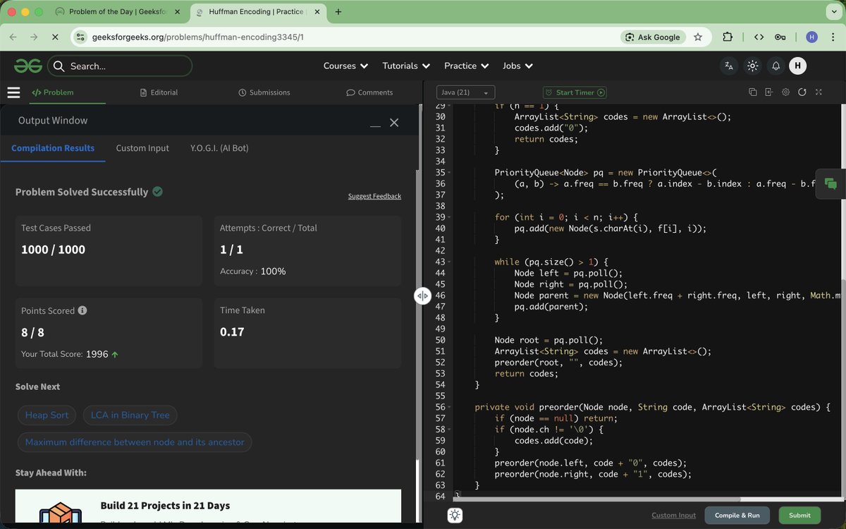 Sa306Harshada's tweet photo. Day 47/60: Solved Huffman Encoding Problem.  #geekstreak60 #npci

@geeksforgeeks
@NPCI_NPCI https://t.co/FYK9R2kD2j