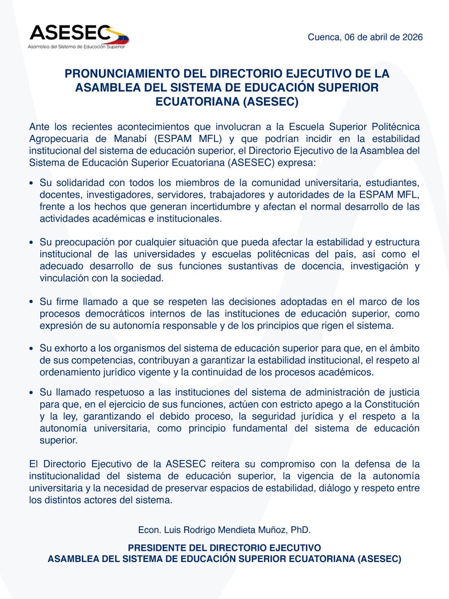 Guillo_Felix's tweet photo. ASESEC se pronuncia:

Solidaridad con la comunidad de la ESPAM MFL y por la estabilidad del sistema de educación superior ecuatoriana.

Llamado al respeto de los procesos democráticos y la autonomía universitaria. 

Defender la educación superior es defender el futuro.

@ces_ec https://t.co/BtlqfgRX7m