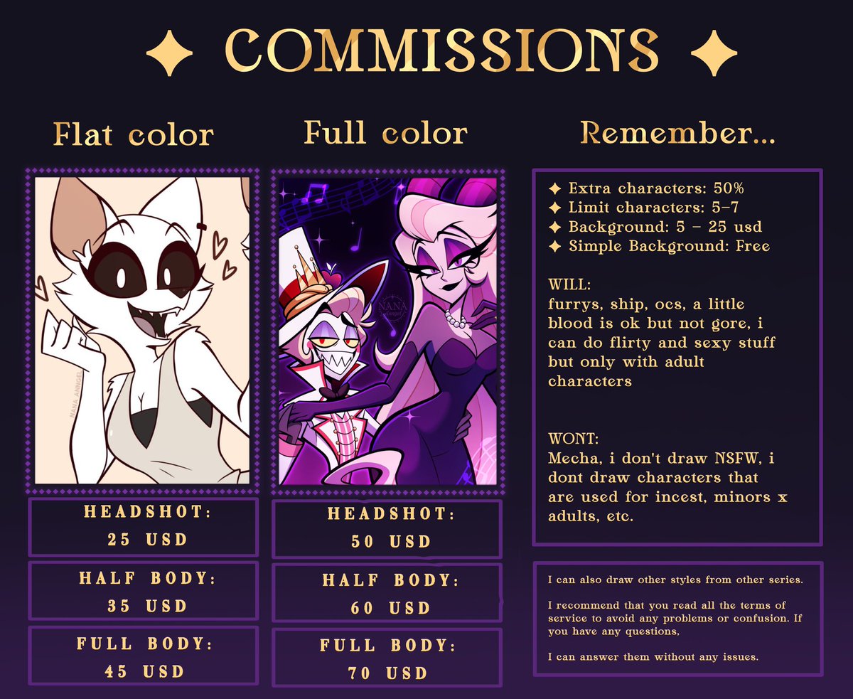 NanaAnngel's tweet image. ✦ COMMISSIONS OPEN!!!

♡  Payment is by PayPal
♡  Only 5 slots AVAILABLE
♡ You can see examples of the links in the comments 

When the slots are full, this publication will be deleted.
#commissionopen #opencommissions
#helluvaboss #HazbinHotel #commissions
