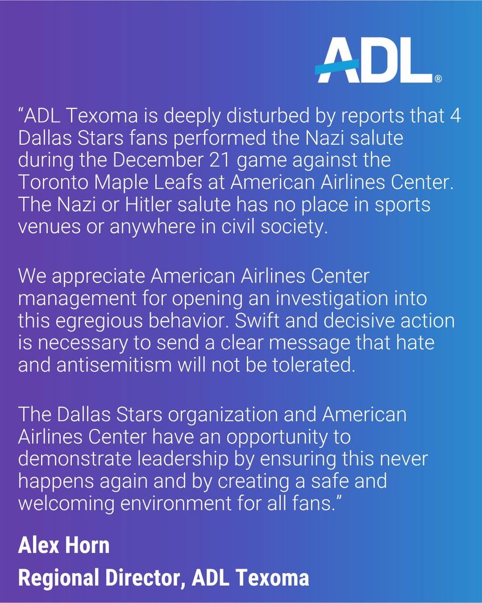 ADL_NTO's tweet photo. The Nazi or Hitler salute has no place in sports venues or anywhere in civil society. https://t.co/VoBXDcUSCD @DallasStars @AACenter https://t.co/8X0jiTLkhA
