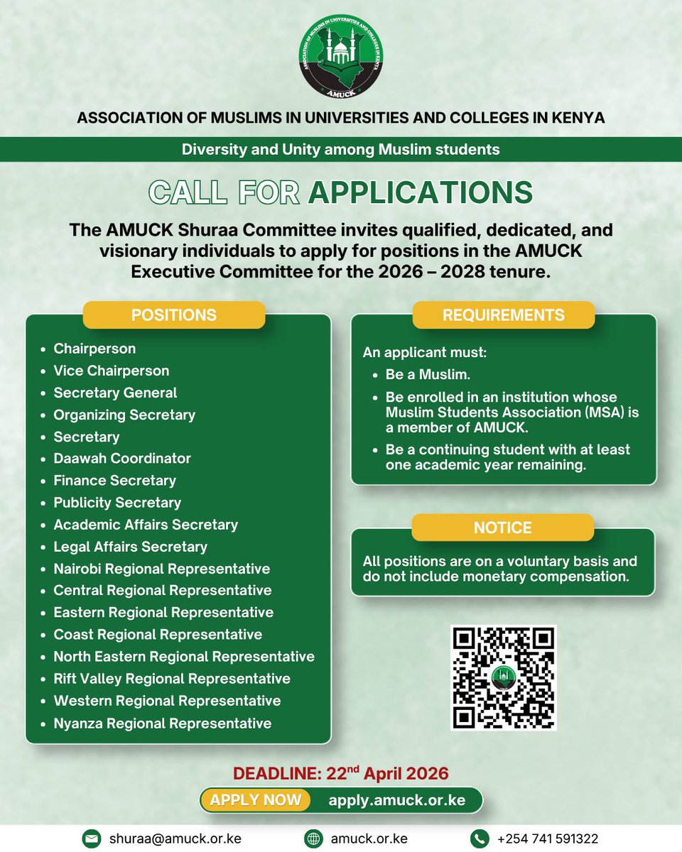 amuck_ke's tweet photo. CALL FOR APPLICATIONS

The AMUCK Shuraa Committee invites qualified, dedicated, and visionary individuals to apply for positions in the AMUCK Executive Committee for the 2026 – 2028 tenure.

⏳ Deadline:
22nd April 2026

Apply Now: https://t.co/KtjUZ8A4No https://t.co/ZXoPpCFNrz
