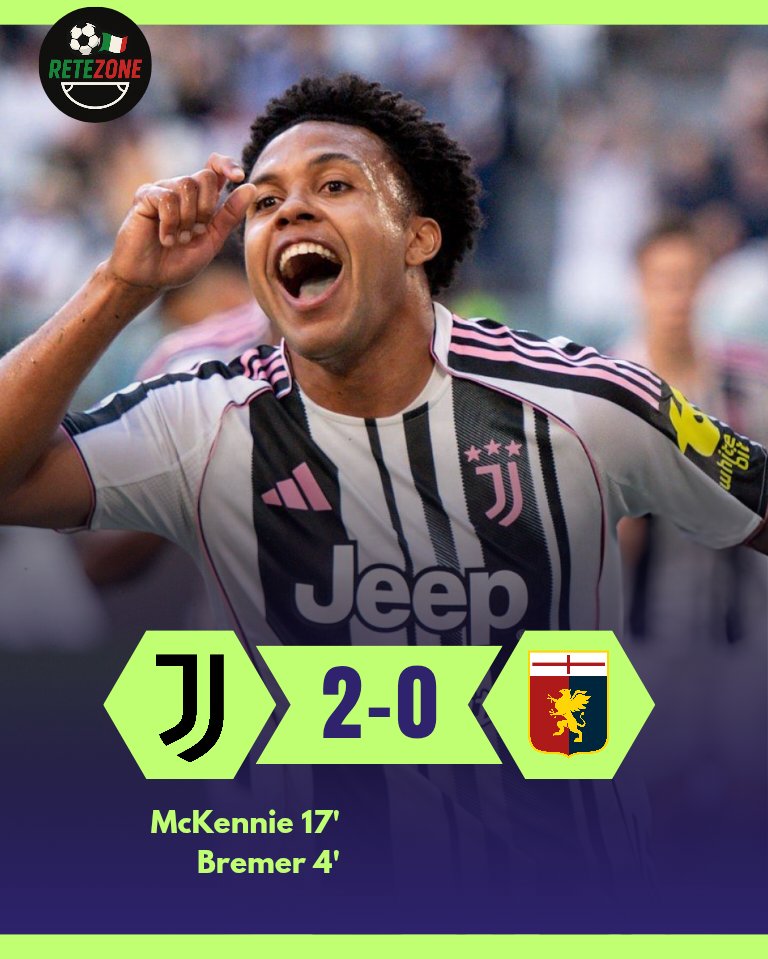 ReteZone's tweet photo. FT: ⚪⚫ Juventus [2-0] Genoa. 
Bremer &amp; McKennie score early, then Di Gregorio heroically saves Genoa's penalty.
Clean sheet and 3 vital points in the Champions League spot push. 
#SerieA #Juventus https://t.co/QljLe504jk