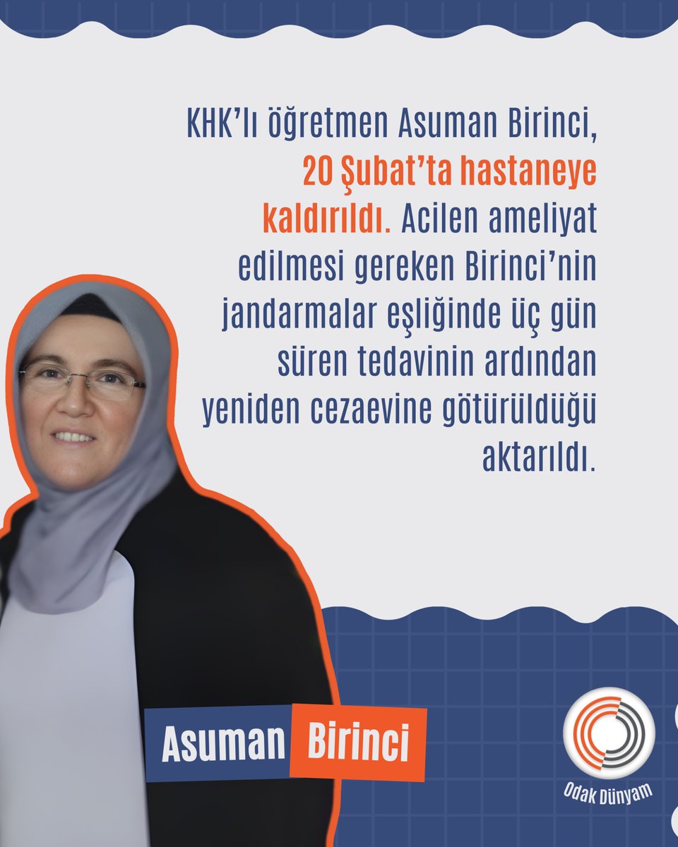 Khk'lı Asuman Birinci… Bir öğretmen, bir insan.
Acil ameliyat geçiriyor, henüz iyileşemeden 3 gün sonra tekrar cezaevine götürülüyor.
Vicdan buna nasıl sessiz kalır?

#KHKlıÇözümBekliyor