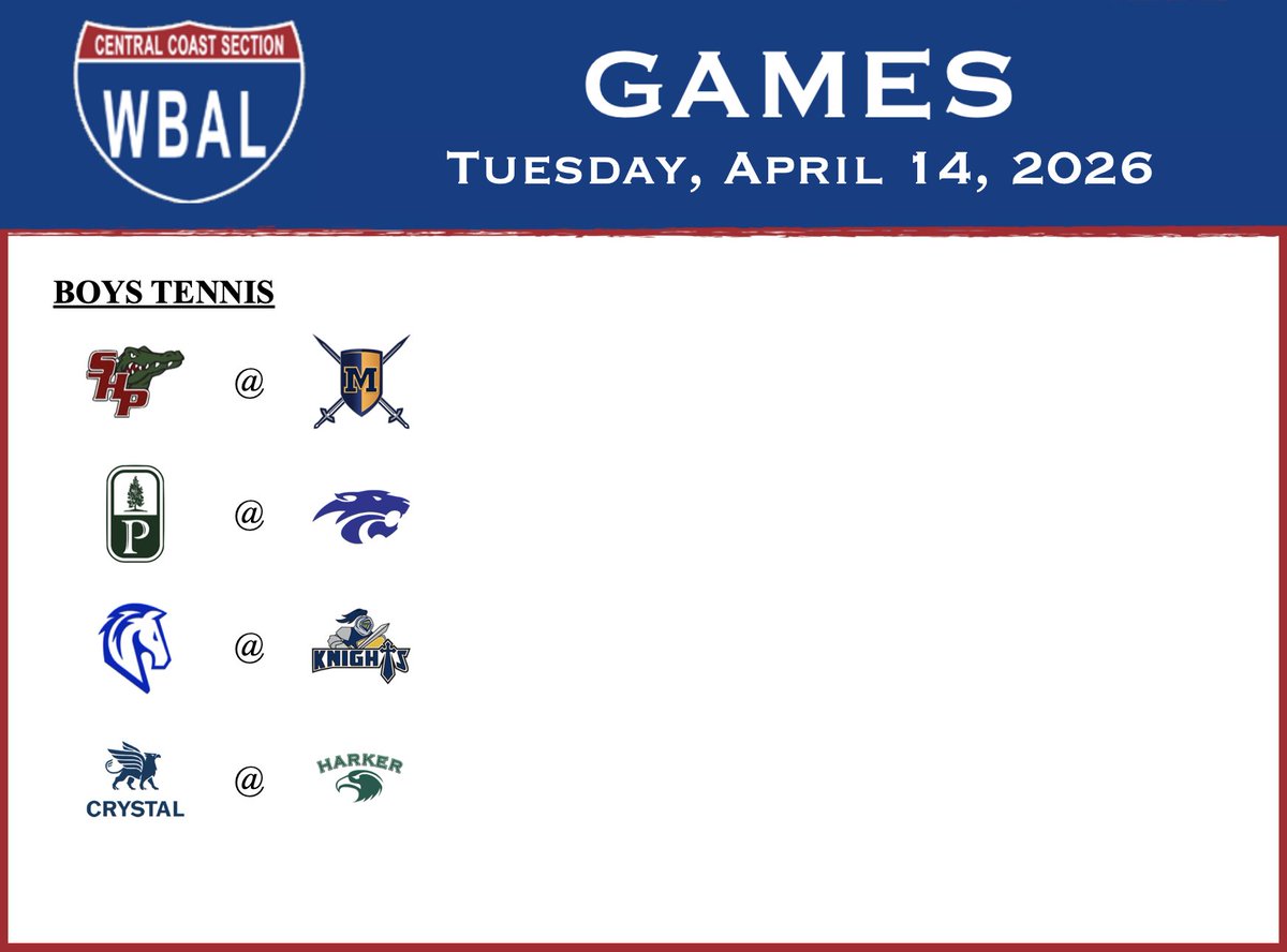 wbal_ccs's tweet image. WBAL Games 4/14:
Boys Tennis 🎾

@SHPAthletics @MenloKnights #Pinewood @AthleticsPriory @NuevaAthletics @TKA_Athletics @gogryphons @HarkerAthletics