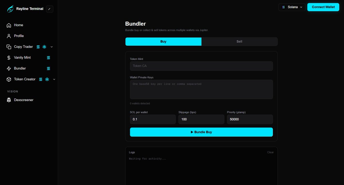 RaylineTerminal's tweet photo. Bundle buying is now live !

We have now full functional free Bundler (both buy and sell) on Rayline Terminal !

Free to use developers tool

How to use:

- Write in tokens mint address

- Put in private keys of wallets (will never be stored)

- Configure bundle amount, slippage, priority settings

- Click Bundle !

- After bundling, you can switch to Sell and click Collect & Sell

- Funds will go directly to your Master Wallet

Try now:

https://t.co/czHlH0r7us
