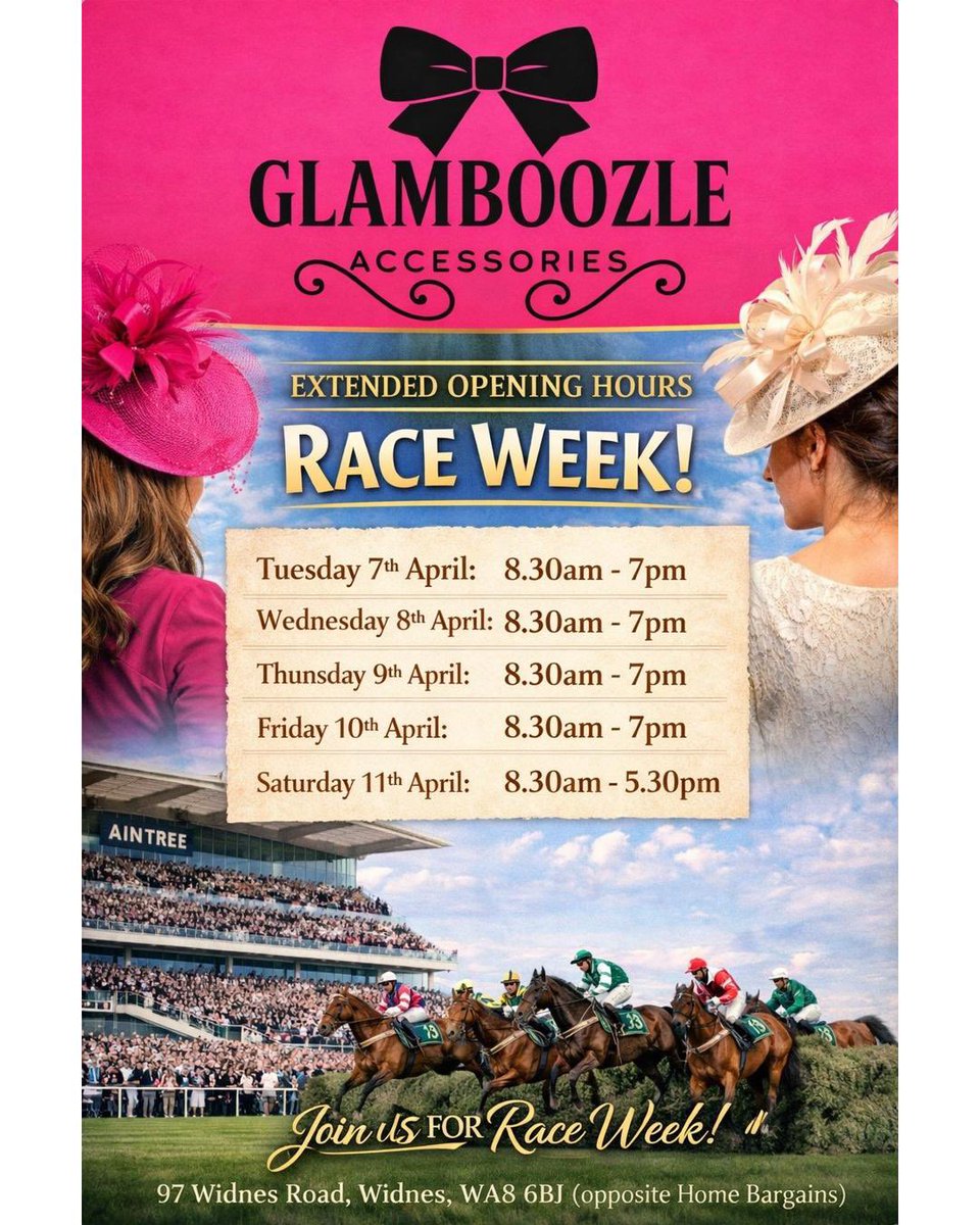 Glam_boozle's tweet photo. 👒 Race Week Ready? We’ve Got You Covered! 👒

To make sure you don’t miss out, we’re open later this week:

🕢 Tuesday – Friday: 8.30am – 7pm

Plenty of stunning styles in stock and ready to go ✨

Pop in, try on, and find the one 💖
📍 97 Widnes Road (opposite Home Bargains https://t.co/TWnIMaypJF