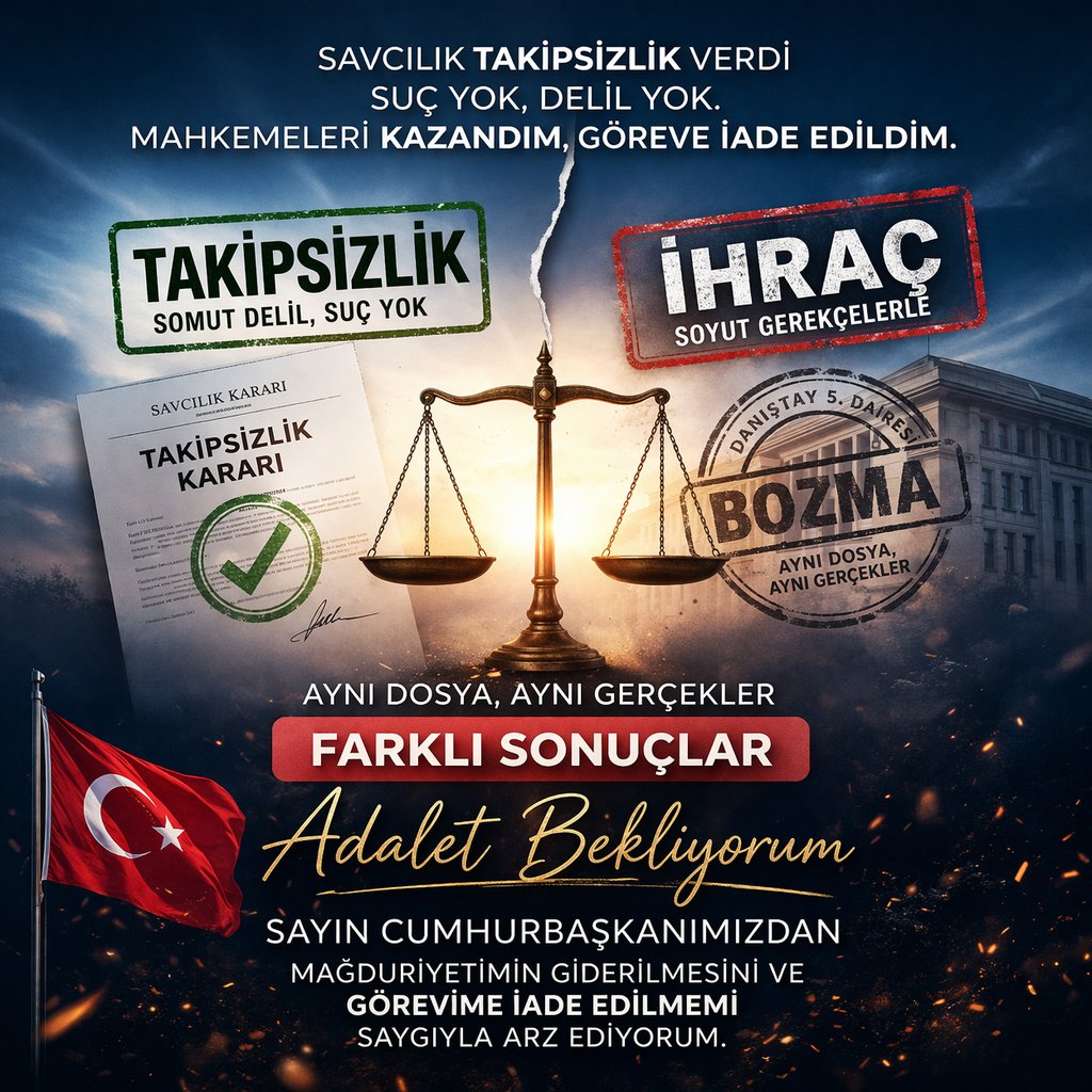 <a href="/Akparti/">AK Parti</a> #KHKlıÇözümBekliyor
Sayın cumhurbaşkanım. Mahkeme yüzü görmedim. Takipsizlik verdi savcım.İhrac edildim 2 mahkeme kazanıp göreve iade edildim. Danıştay 5. Soyut gerekçeler ile kararımı bozdu. Lütfen sesimi duyun efendim. Göreve iade bekliyorum
