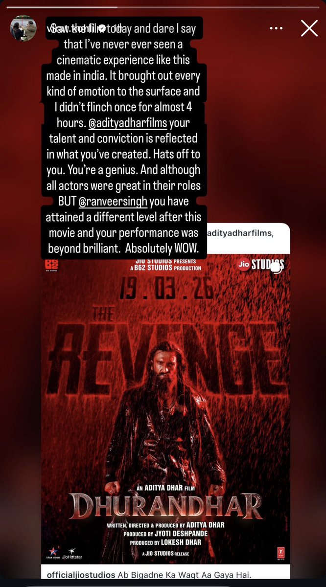 iPoojaPatel's tweet photo. Virat Kohli praising Ranveer Singh for #Dhurandhar‌TheRevenge 🙌🏼🙏🏼🥺❤️❤️❤️❤️❤️❤️ https://t.co/mndQZcyV2R