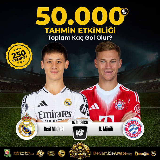 AslanbetVip's tweet photo. 🏆 #ASLANBET İle ŞAMPİYONLAR LİGİ Özel #FREEBET  Ödüllü Etkinlik

🏟 REAL MADRİD Evinde Dev Rakibi  BAYERN MÜNİH i Ağırlıyor

⚽️Toplam Kaç GOL Olur❓ HERKESE
2️⃣5️⃣0️⃣₺ Freebet

🤑 Etkinlik Katılım Formu :https://t.co/Ecp0sss64z https://t.co/2ICJBMsKSB
