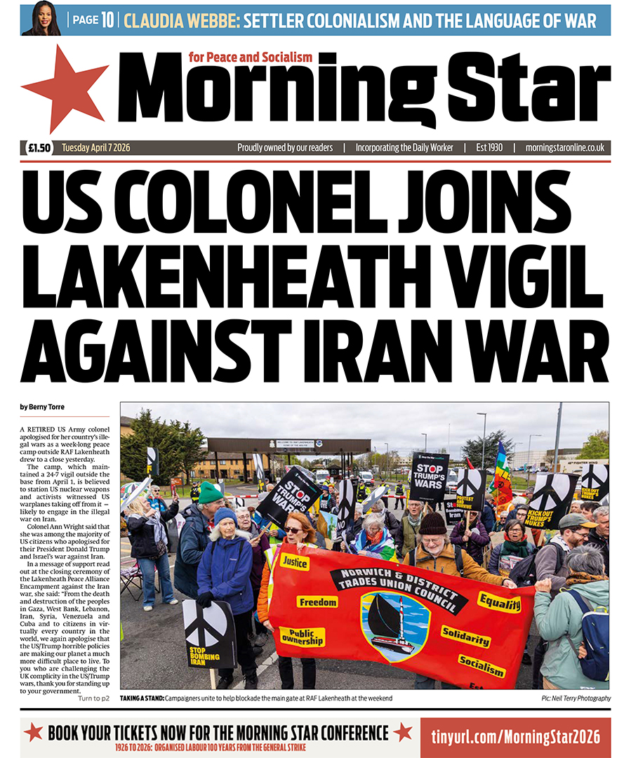 M_Star_Online's tweet photo. Tomorrow's front page:

US colonel joins Lakenheath vigil against Iran war

Subscribe to the Morning Star newspaper: https://t.co/IErMcVLkje https://t.co/KRBWjBDGH4