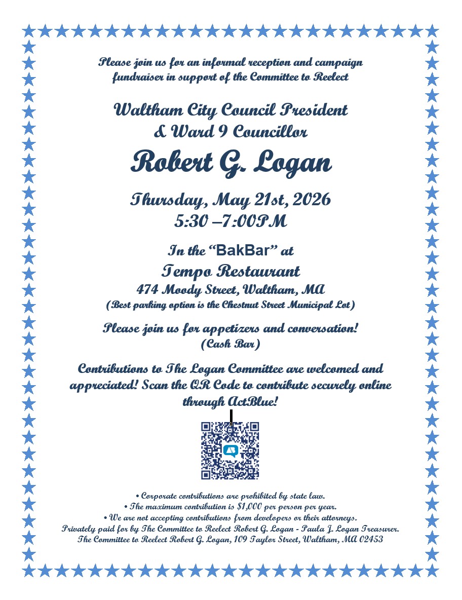 Logan4Ward9's tweet photo. SAVE THE DATE! The Logan Committee is having its annual fundraiser on Thursday, May 21st at Tempo Restaurant #Waltham See details below. https://t.co/HZcBeFAoAs