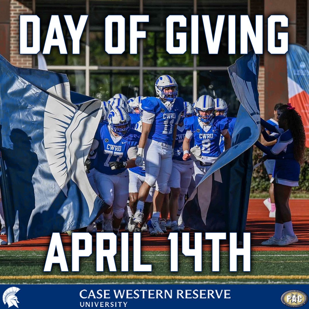 CWRUFootball's tweet photo. 7 days until CWRU Athletics Day of Giving!

Donate now through April 14th using the link below or the link in our bio:
https://t.co/CGHnyCxZK7

Make sure to designate your donation to Football!

#bluecwru | #rollspartans | #d3fb https://t.co/iYTDTstahw