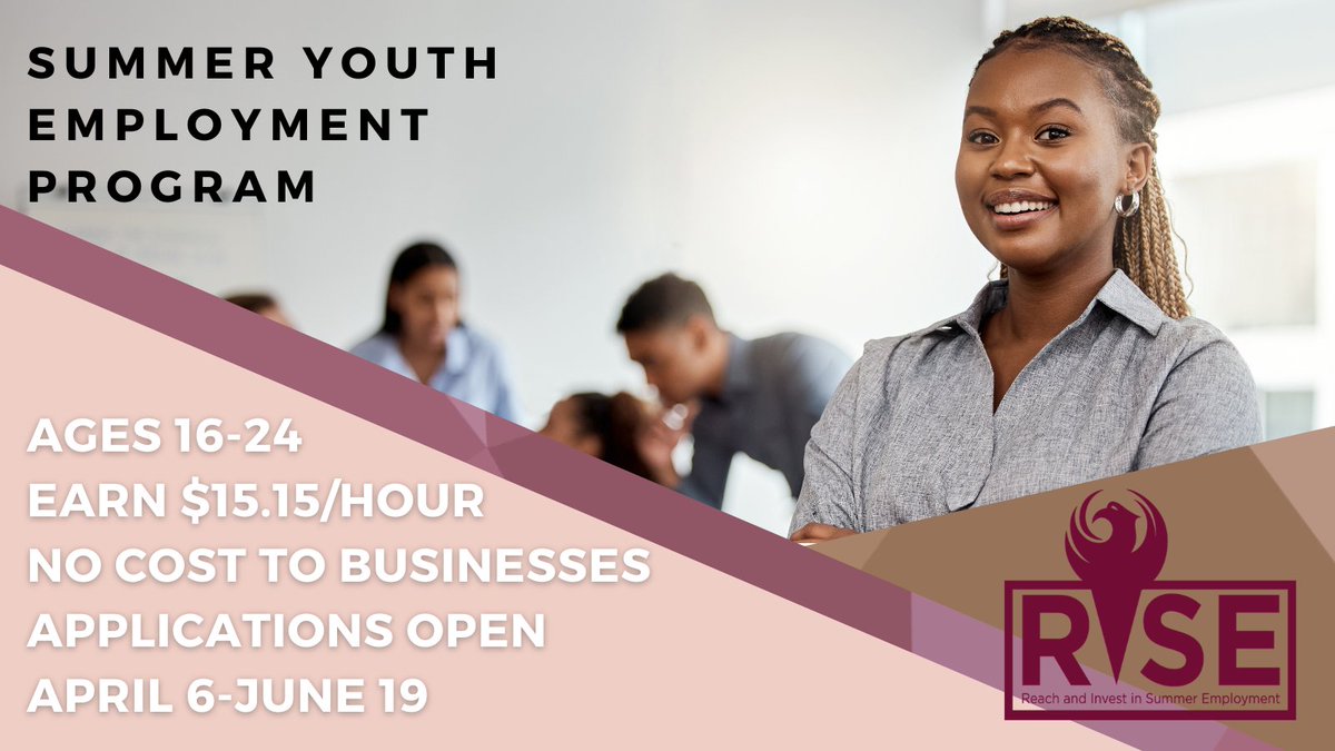 PHXEconDev's tweet photo. Looking for a great summer gig? Build your resume, get connected with employers and earn $15.15/hour! Apply for the Phoenix Summer Youth Employment RISE Program. Open to 16-24 year-olds living in
@CityofPhoenixAZ. 

⌚Applications open April 6-June 19 at https://t.co/iwhVVn6ptK https://t.co/Nu8dgog3KP
