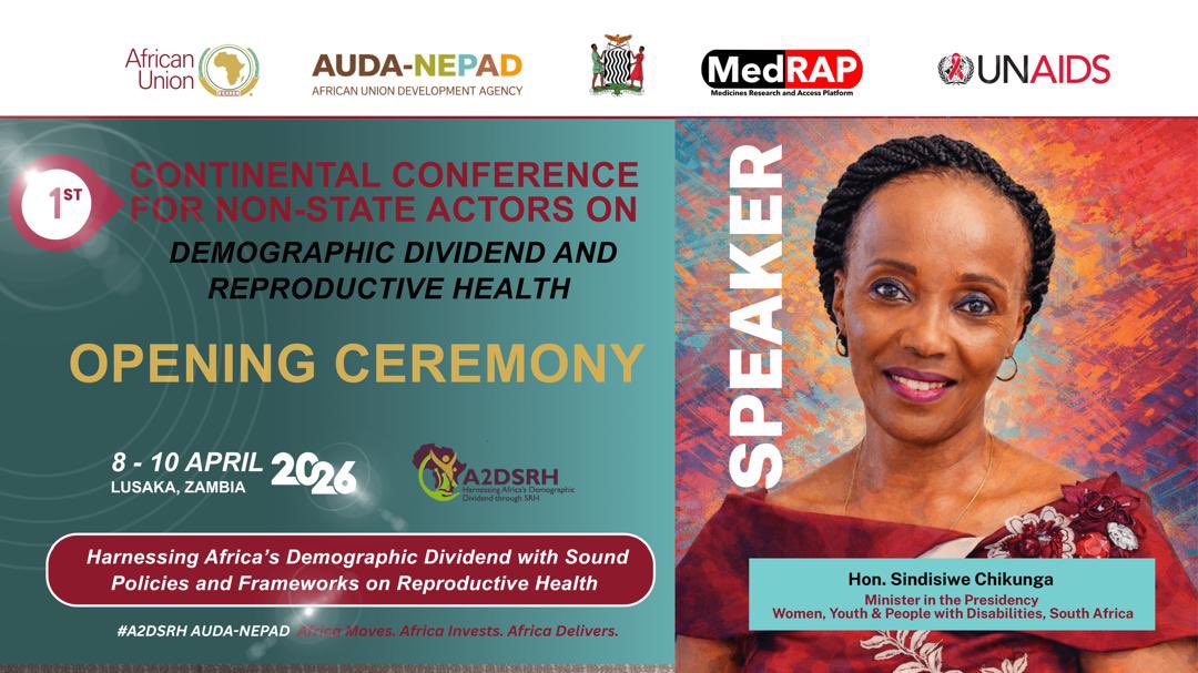 NEPAD_Agency's tweet photo. Meet the leaders shaping Africa's reproductive health agenda at the 1st Continental Conference for Non-State Actors. 📍 Lusaka | 8–10 April 2026 #LusakaConference2026 #A2DSRH
 
In 48 hours, Lusaka becomes the continent's convening point for reproductive health and demographic dividend action.  The 1st Continental Conference for Non-State Actors on Demographic Dividend and Reproductive Health convenes from 8 to 10 April 2026 – bringing together a powerful coalition of leaders at its opening ceremony.  From heads of government agencies and ministers of state to faith leaders, family planning advocates, and civil society voices across all six African Union regions – these are the people who will set the agenda for Africa's next generation.  Tag a colleague who should be part of this conversation. RH Counts: Invest. Act. Deliver.
 
#A2DSRH #LusakaConference2026 #DemographicDividend #RHCounts #HCID #AUDANEPAD #AGENDA2063 @AUDA_NEPAD @_AfricanUnion @UNAIDS @UNFPA @MedRAP @mohzambia @nardosbthomas @CPA_Secretariat @s_chikunga @ZNFPCOfficial
