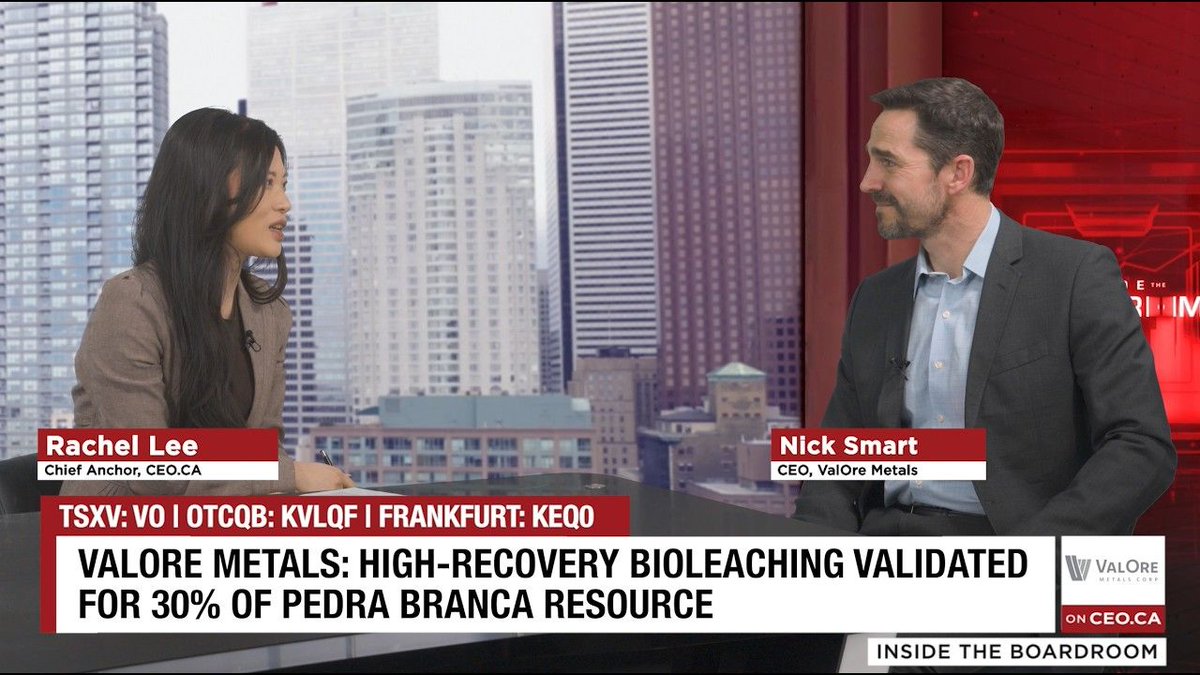 ValOreMetals's tweet photo. In this interview with @ceodotca, ValOre's CEO, Nick Smart, explains why the bioleaching and caustic pre-treatment innovative approach, developed in partnership with the University of Cape Town, is a "game changer" for developing the Pedra Branca #PGE Project.

Smart discusses how this processing pathway's shortened leaching window - from 60 days to 22 days - improves the potential economics and footprint of the project, and the next steps of the metallurgical testwork program as part of a PEA study, targeted for completion at the end of 2026.

Watch the interview: https://t.co/pPxUtS81qs

$VO.v $KVLQF #PGM #Platinum #Palladium