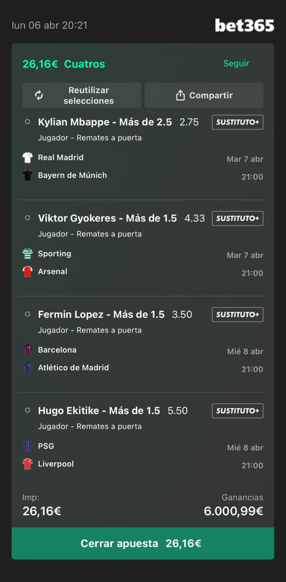 Cuota 230 para la Champions.

4 partidos. 4 guerreros.⚔️

Es tan buena que asusta.

🎁 En el citado tenéis 50€ gratis para la Champions 👇