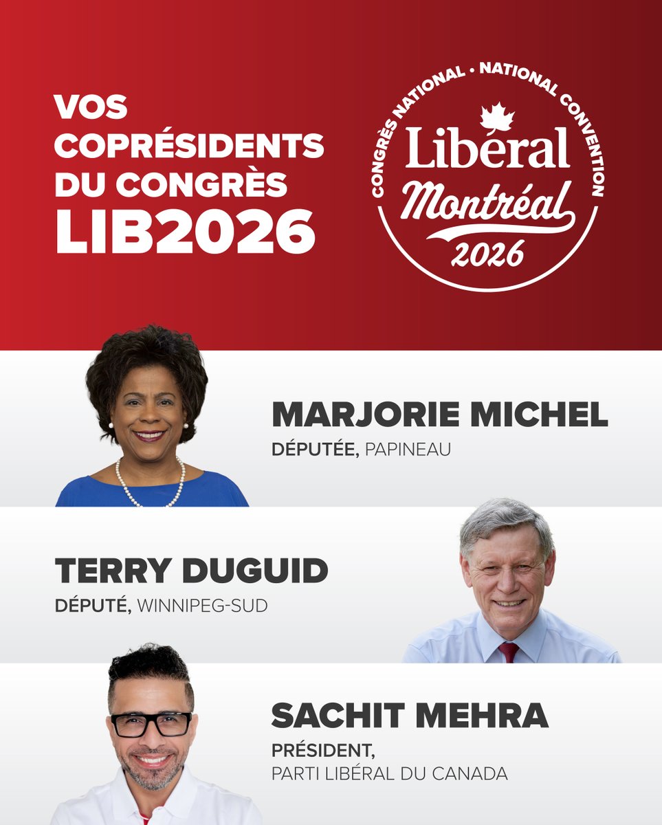 Sachitmehra's tweet photo. Très heureux de coprésider le Congrès LIB2026 aux côtés de @MarjoriePLC et de @TerryDuguid!

Si ce n’est pas déjà fait, inscrivez-vous pour vous joindre aux libéraux de partout au Canada qui se réuniront à Montréal la fin de semaine prochaine : https://t.co/mTGEQjZp1y https://t.co/3izXHweEyA