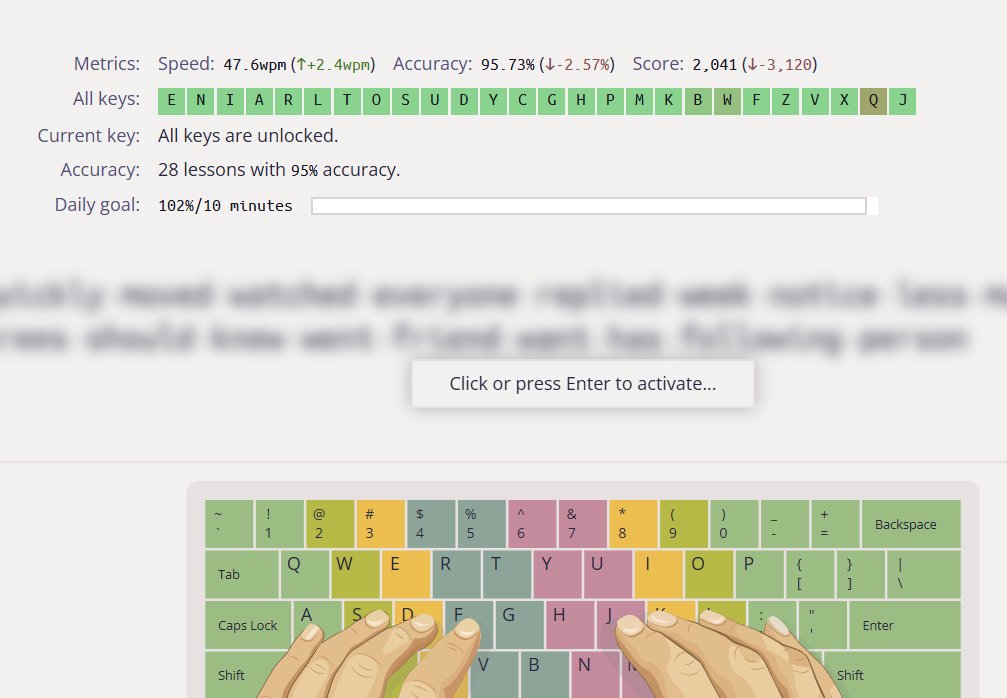 skyandmacbook's tweet photo. Keybr ：
速度：47.6 WPM（↑+2.4） 正確率：95.73%（↓-2.57%） 分數：2,041（↓-3,120） ✅ 已累積28堂課達到95%正確率
今天的真正收穫不是數字，而是這個認知： 技能的增長從來不是線性的，而是「先把正確率做厚，再讓速度自然複利」。
#每日打字練習 #Keybr #刻意練習  #技能複利 https://t.co/eOkfWVWlQB