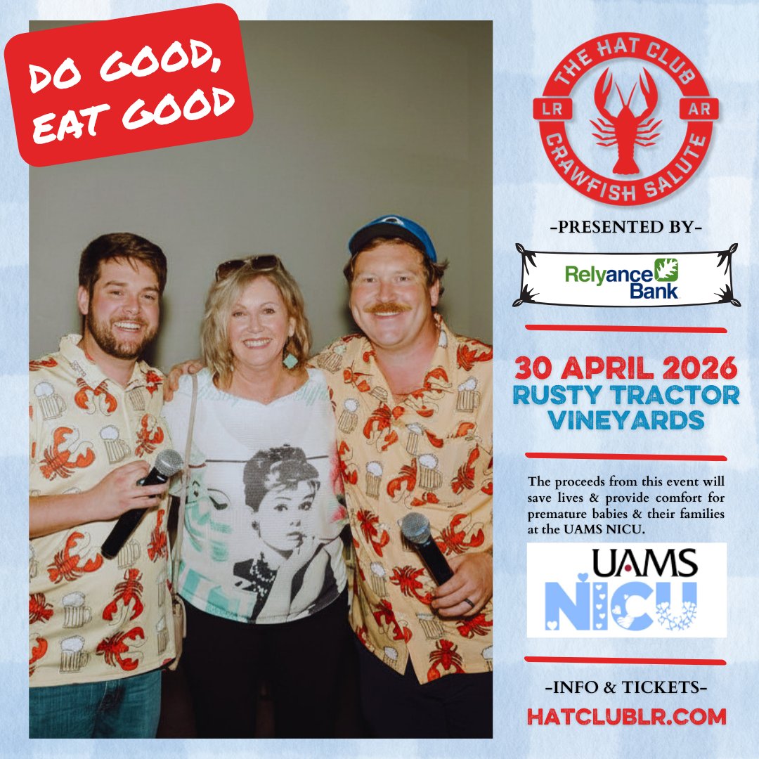thepoint941's tweet photo. The 15th Annual Crawfish Salute is BACK AGAIN! Join The Hat Club April 30 at Rusty Tractor Vineyards for one of Central Arkansas’ favorite nights-great food, great music, cold drinks, and a cause that matters: UAMS NICU

Learn more about tickets and tables https://t.co/Rm4oFJxrPM https://t.co/fzfnIU0Pn7