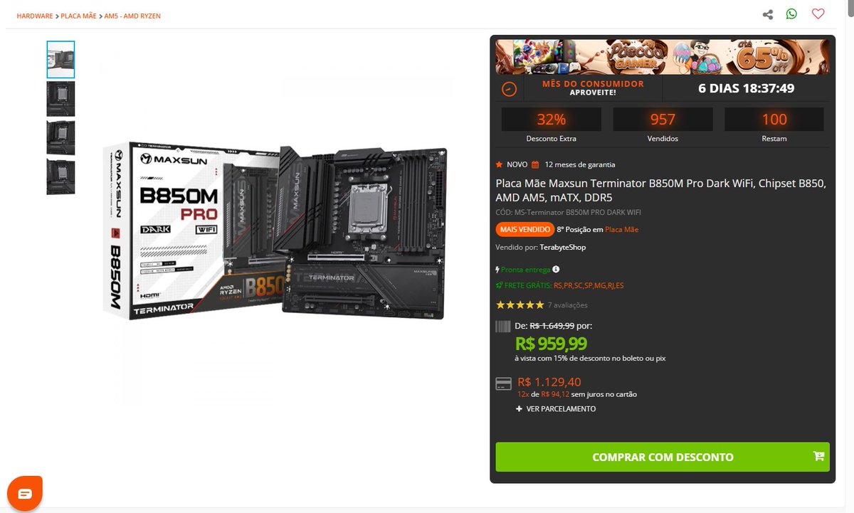 Terabyteshop's tweet image. AM5 POR MENOS DE R$ 960! 🚨🚨🚨

Maxsun B850M Terminator Pro Dark Wi-Fi em oferta pesada na Mobo Week da Terabyte. Uma das placas mais bonitas e completas nessa faixa de preço.

DDR5, Wi-Fi e pronta pros novos Ryzen. Não tem erro! 🚀

CONFIRA O LINK NO COMENTÁRIO! 👇

#Hardware