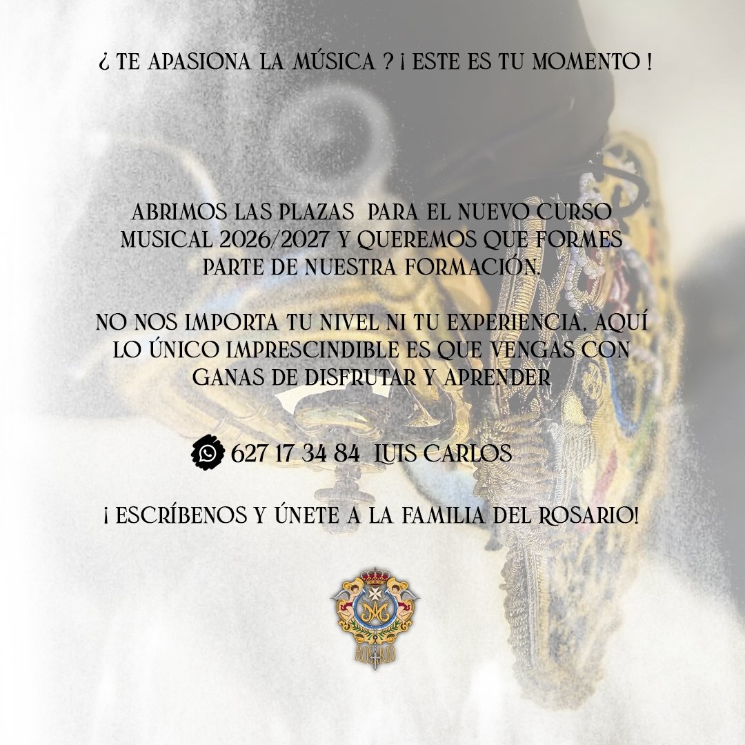 𝗡𝗨𝗘𝗩𝗢𝗦 𝗖𝗢𝗠𝗣𝗢𝗡𝗘𝗡𝗧𝗘𝗦 📝

¡Únete a nuestra formación para el Curso 2026/27! No importa tu nivel, solo tus ganas de disfrutar de la música. ¿Te apuntas? ¡Escríbenos por privado y te daremos todos los detalles! 🚀

627173484 (Luis Carlos)

#RosariodeLinares