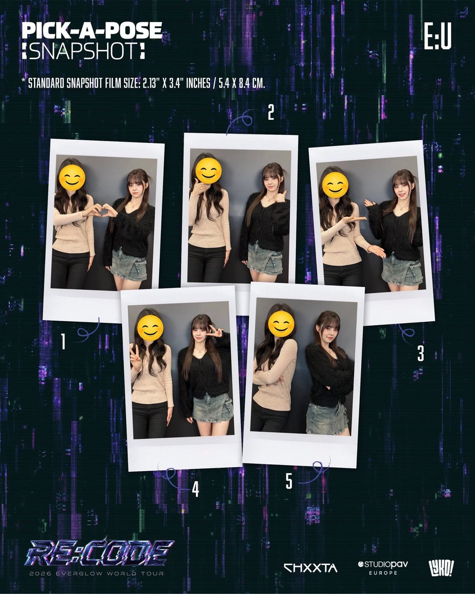 StudioPAVEurope's tweet image. #FOREVER, tickets for our ✨Pick-A-Pose Snapshot Session✨ are on sale now!

🔗 kpoptickets-com.myshopify.com/collections/ev…

Take a 1:1 polaroid photo with  Sihyeon, E:U, Onda and Aisha! during 🔮 2026 EVERGLOW WORLD TOUR [RE:CODE] in LATAM &amp;amp; EUROPE 🔮

Snapshot Tickets are available for all concert
