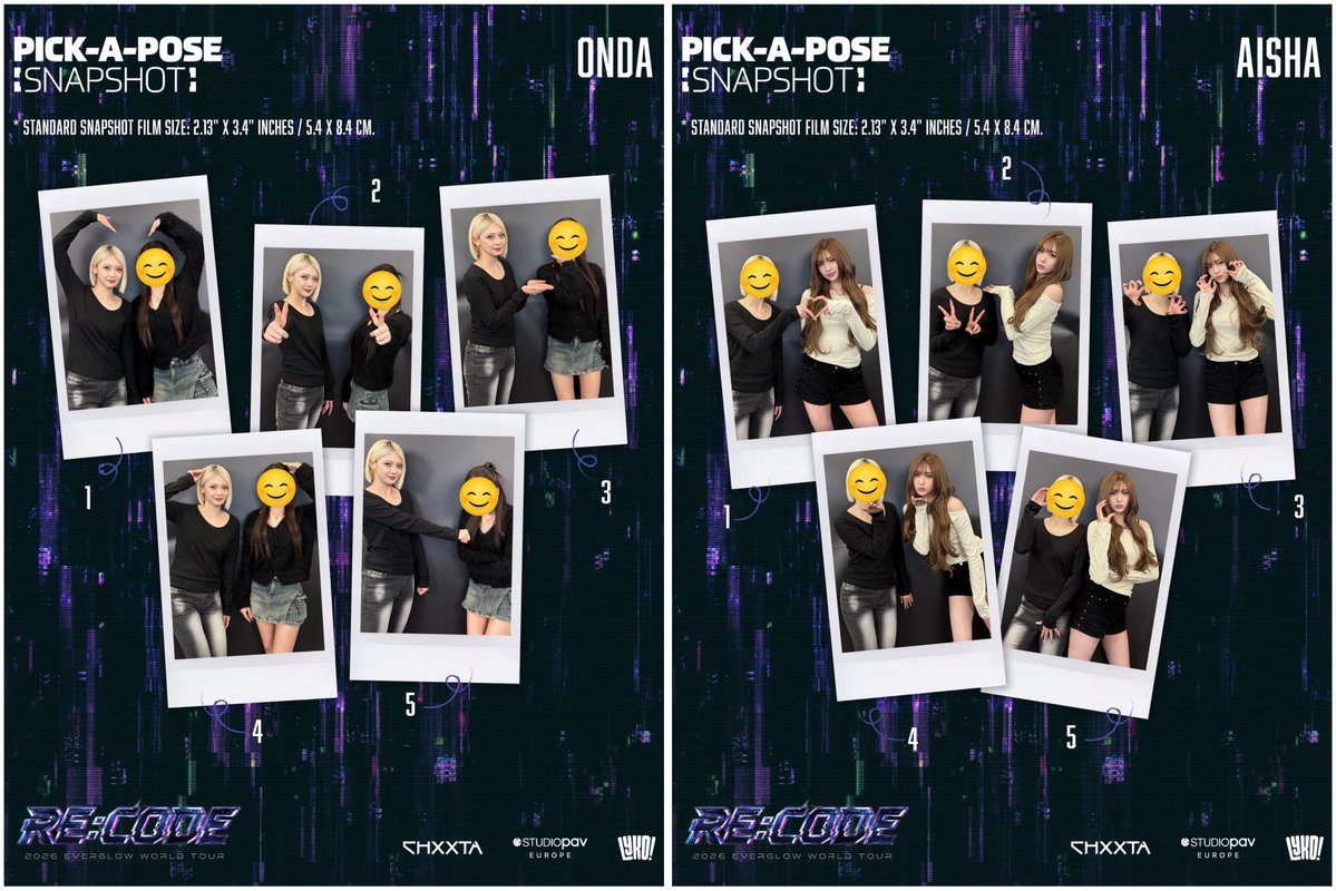 StudioPAVEurope's tweet image. #FOREVER, tickets for our ✨Pick-A-Pose Snapshot Session✨ are on sale now!

🔗 kpoptickets-com.myshopify.com/collections/ev…

Take a 1:1 polaroid photo with  Sihyeon, E:U, Onda and Aisha! during 🔮 2026 EVERGLOW WORLD TOUR [RE:CODE] in LATAM &amp;amp; EUROPE 🔮

Snapshot Tickets are available for all concert