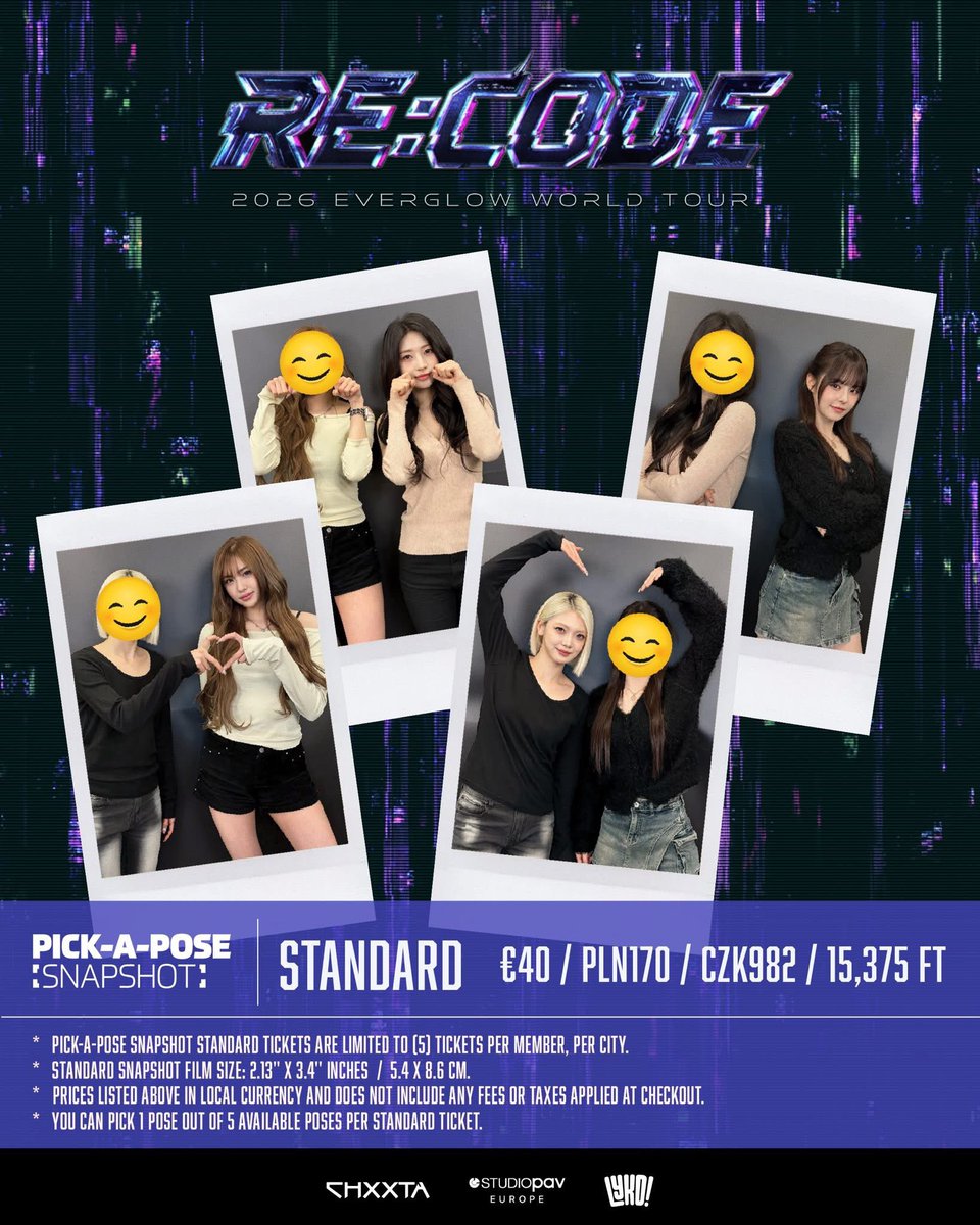 StudioPAVEurope's tweet image. #FOREVER, tickets for our ✨Pick-A-Pose Snapshot Session✨ are on sale now!

🔗 kpoptickets-com.myshopify.com/collections/ev…

Take a 1:1 polaroid photo with  Sihyeon, E:U, Onda and Aisha! during 🔮 2026 EVERGLOW WORLD TOUR [RE:CODE] in LATAM &amp;amp; EUROPE 🔮

Snapshot Tickets are available for all concert
