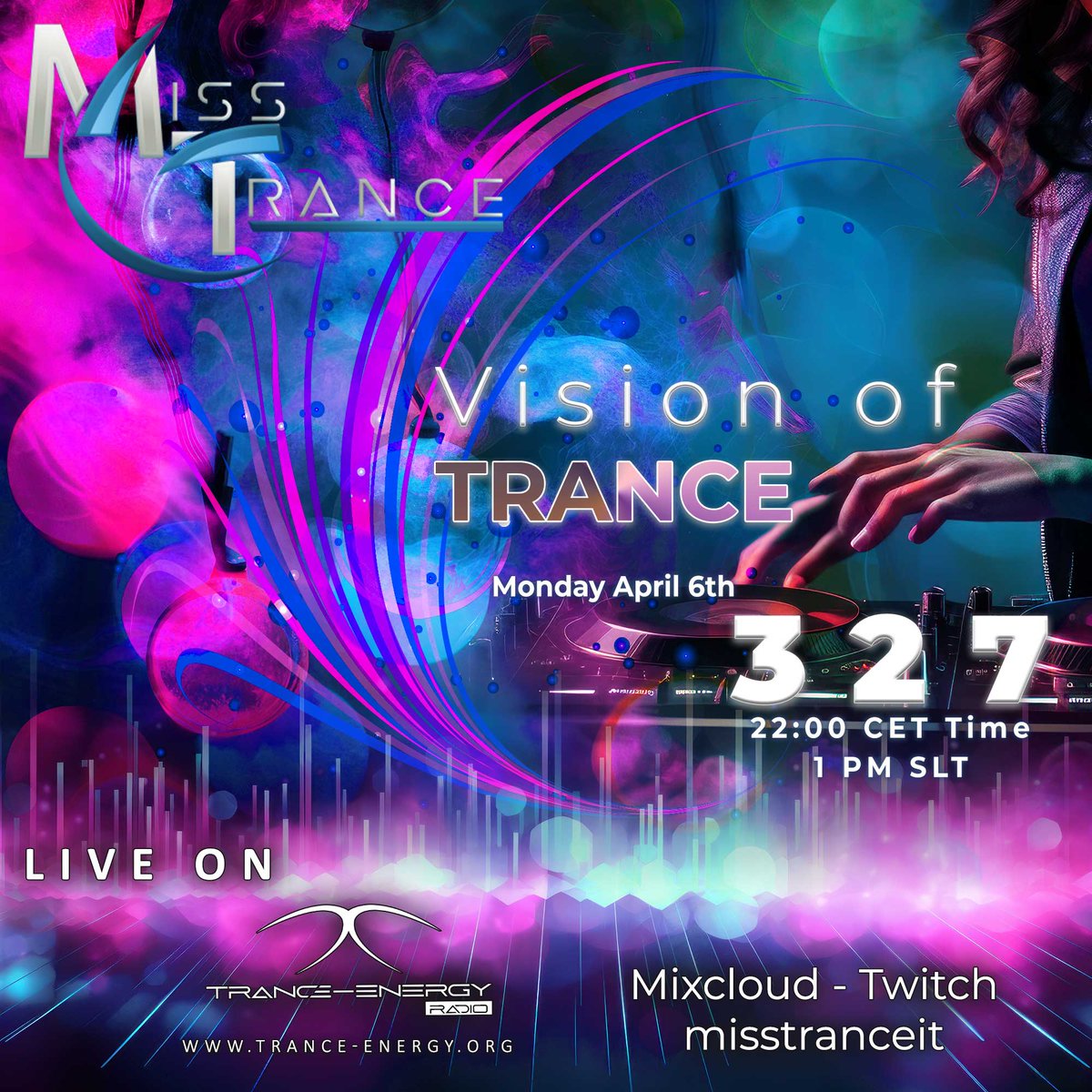 MissTranceIt's tweet photo. Feel the #spring, Feel the #energy, feel the #TRANCE.
10 pm on @TranceEnergyORG, Two hours together simultaneously on @Twitch  and @mixcloud .
I'm waiting for you
See you at 10 pm CET on:
https://t.co/IsTu46GmrR
https://t.co/SxVRyU9eJv
https://t.co/2XhSGh9De0 https://t.co/DbVJ9csYRw
