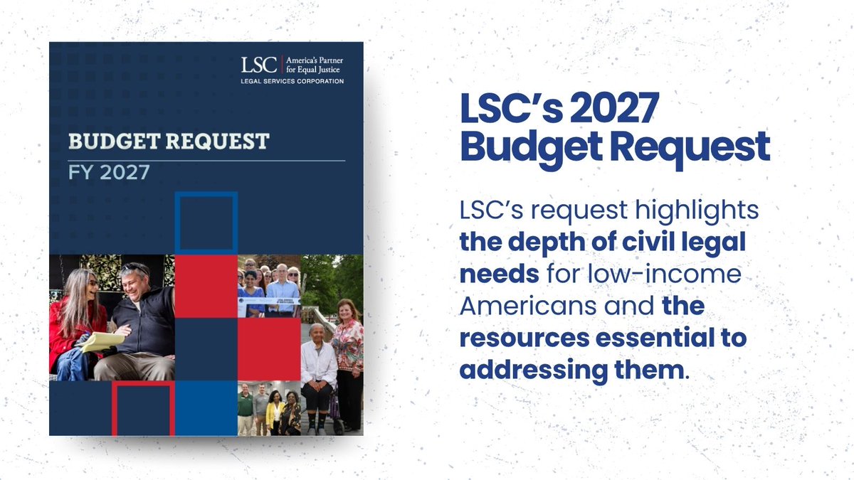 LSCtweets's tweet photo. 49% of eligible Americans seeking legal aid are turned away. Not because they don't qualify, but because LSC grantees lack the resources to serve them.

We're asking Congress for $2.1B to close that gap.

Read our just-released budget request: https://t.co/9BqrsgLhz3 #A2J https://t.co/4SGixoBhLh