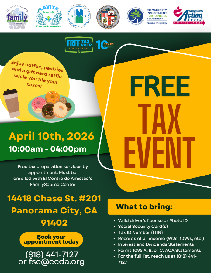 CIFDLA's tweet photo. Panorama City: Join our Free Tax event on April 10 to earn the tax credits you and your family deserve! Book today at 818.441.7127 or fsc@ecda.org https://t.co/48SMbdEeTE