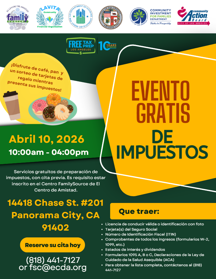 CIFDLA's tweet photo. Panorama City: Join our Free Tax event on April 10 to earn the tax credits you and your family deserve! Book today at 818.441.7127 or fsc@ecda.org https://t.co/48SMbdEeTE