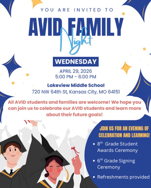 AVID Family Night 
April 29, 2026 - 5:00-6:00PM
Lakeview Middle School