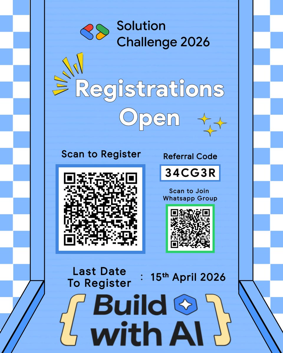 gdsc_mmdu's tweet photo. π Registrations are LIVE for Solution Challenge 2026
π‘ Solve real-world problems with AI
π βΉ10L prize pool
π₯ 1β4 members
ποΈ Last date to register: 15 April 2026
π Register now: https://t.co/5vClDyYybj
Referral Code to register: 34CG3R
#SolutionChallenge #BuildWithAI https://t.co/gbcHruLpW0