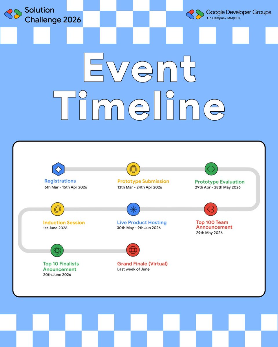 gdsc_mmdu's tweet photo. π Registrations are LIVE for Solution Challenge 2026
π‘ Solve real-world problems with AI
π βΉ10L prize pool
π₯ 1β4 members
ποΈ Last date to register: 15 April 2026
π Register now: https://t.co/5vClDyYybj
Referral Code to register: 34CG3R
#SolutionChallenge #BuildWithAI https://t.co/gbcHruLpW0