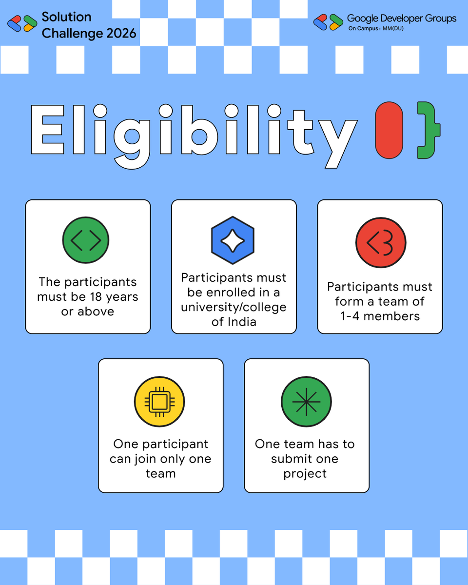 gdsc_mmdu's tweet photo. π Registrations are LIVE for Solution Challenge 2026
π‘ Solve real-world problems with AI
π βΉ10L prize pool
π₯ 1β4 members
ποΈ Last date to register: 15 April 2026
π Register now: https://t.co/5vClDyYybj
Referral Code to register: 34CG3R
#SolutionChallenge #BuildWithAI https://t.co/gbcHruLpW0