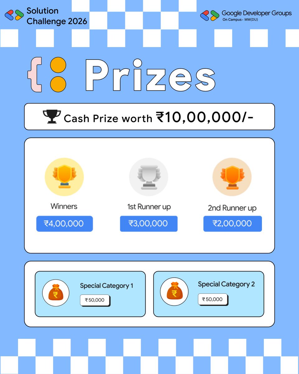 gdsc_mmdu's tweet photo. π Registrations are LIVE for Solution Challenge 2026
π‘ Solve real-world problems with AI
π βΉ10L prize pool
π₯ 1β4 members
ποΈ Last date to register: 15 April 2026
π Register now: https://t.co/5vClDyYybj
Referral Code to register: 34CG3R
#SolutionChallenge #BuildWithAI https://t.co/gbcHruLpW0
